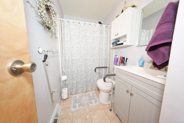 full bath featuring vanity, a shower with curtain, visible vents, tile patterned floors, and toilet