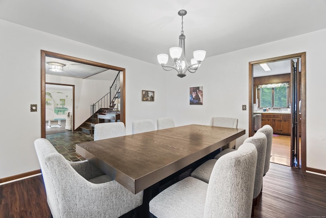 4 Wildwood Ln, Weston, CT 06883 - dining area with baseboards, stairway, wood finished floors, and a chandelier