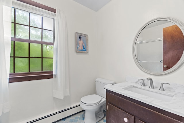 4 Wildwood Ln, Weston, CT 06883 - full bathroom with a baseboard radiator, vanity, toilet, tile patterned floors, and an enclosed shower
