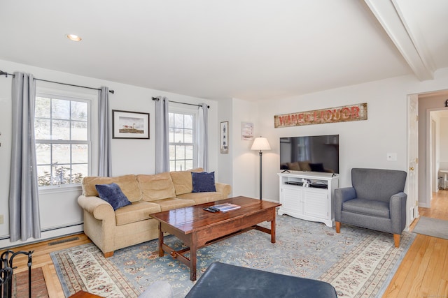 living room with beamed ceiling, recessed lighting, visible vents, and light wood-style floors