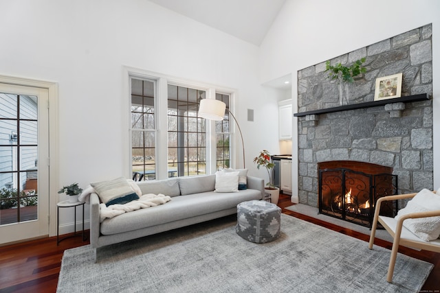 living area featuring high vaulted ceiling, a stone fireplace, and wood finished floors