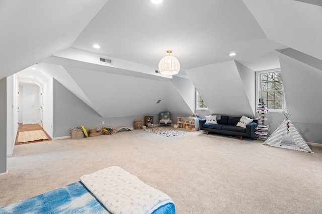 rec room featuring recessed lighting, carpet floors, visible vents, and lofted ceiling
