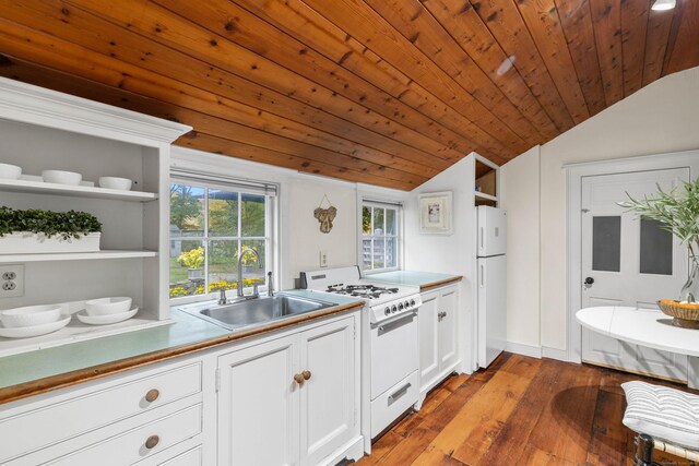 1 Hathaway Rd, East Lyme, CT 06333 - kitchen featuring white appliances, vaulted ceiling, hardwood / wood-style floors, open shelves, and wooden ceiling