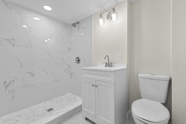 full bath featuring toilet, recessed lighting, vanity, marble finish floor, and a marble finish shower