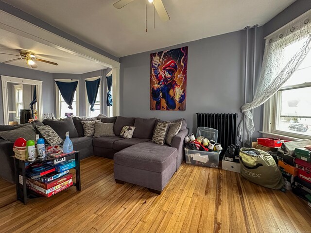 living area featuring a ceiling fan, radiator heating unit, and hardwood / wood-style flooring