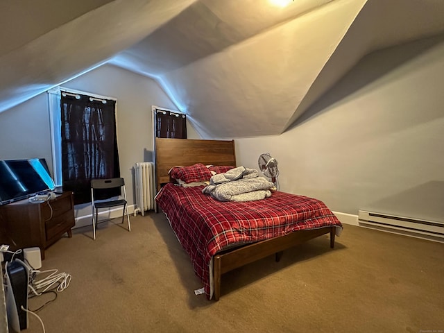 carpeted bedroom featuring vaulted ceiling, radiator heating unit, baseboards, and a baseboard radiator