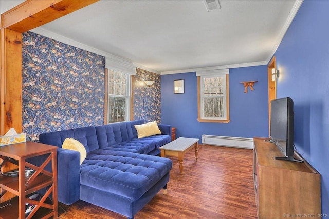 living room featuring crown molding, visible vents, baseboard heating, and wood finished floors