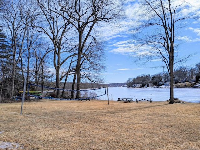 view of yard featuring volleyball court and a water view