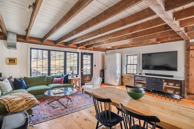 living room with beam ceiling, wooden ceiling, and wood-type flooring