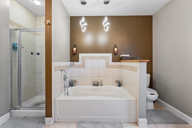 bathroom with tile patterned flooring, a shower stall, toilet, and a bath