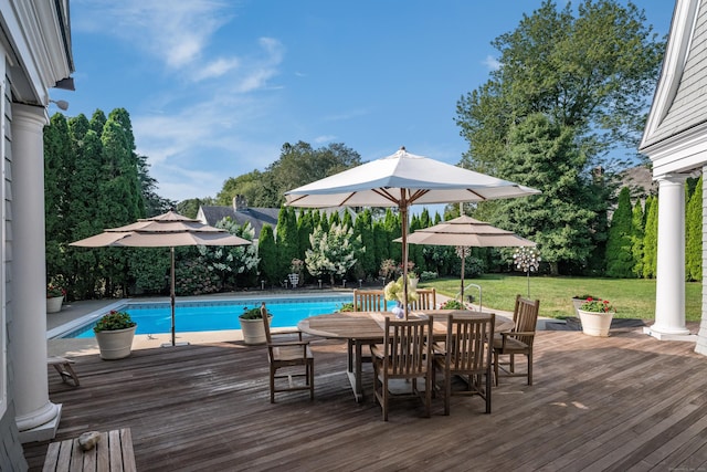 3 Sea Meadows Ln, Waterford, CT 06385 - outdoor pool with a yard, a deck, outdoor dining area, and view of scattered trees