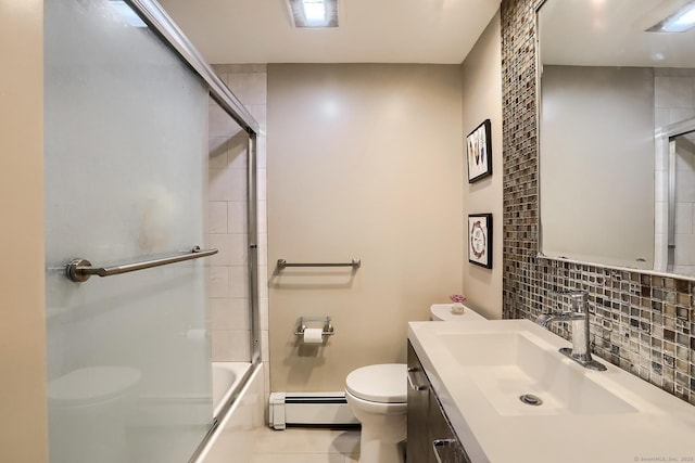 full bathroom featuring a baseboard radiator, toilet, decorative backsplash, vanity, and tile patterned flooring