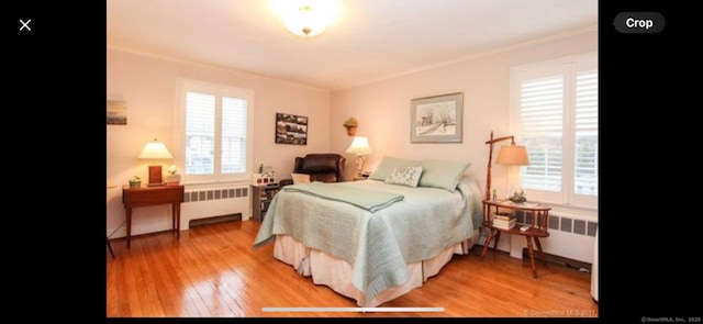 bedroom featuring radiator, crown molding, and wood finished floors