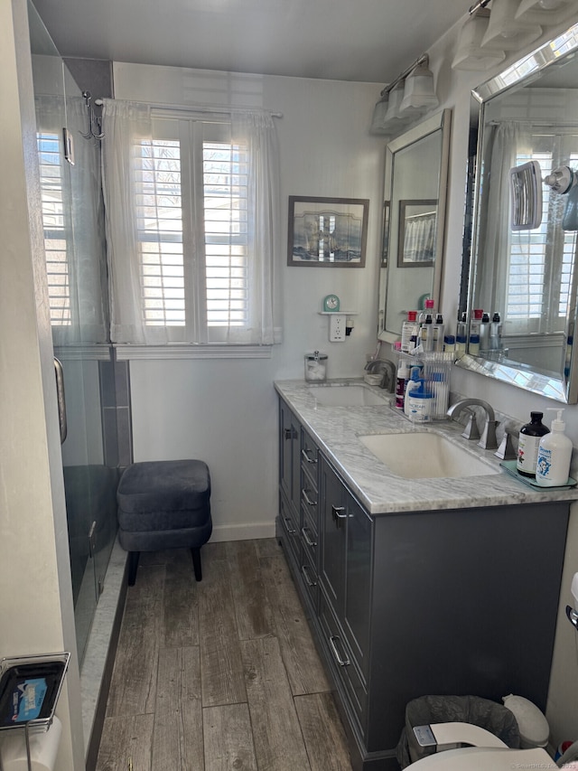 bathroom featuring a shower stall, wood finished floors, double vanity, and a sink