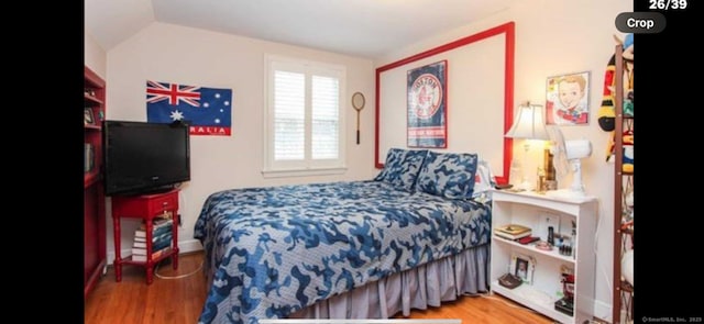 bedroom with vaulted ceiling and wood finished floors