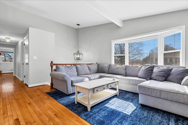 living room featuring beamed ceiling, a notable chandelier, wood-type flooring, baseboards, and baseboard heating