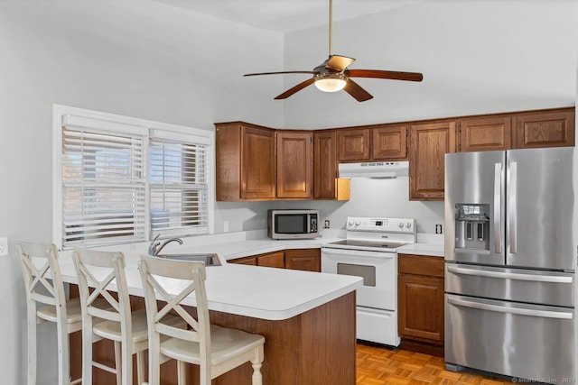 kitchen featuring under cabinet range hood, a sink, stainless steel appliances, a peninsula, and light countertops