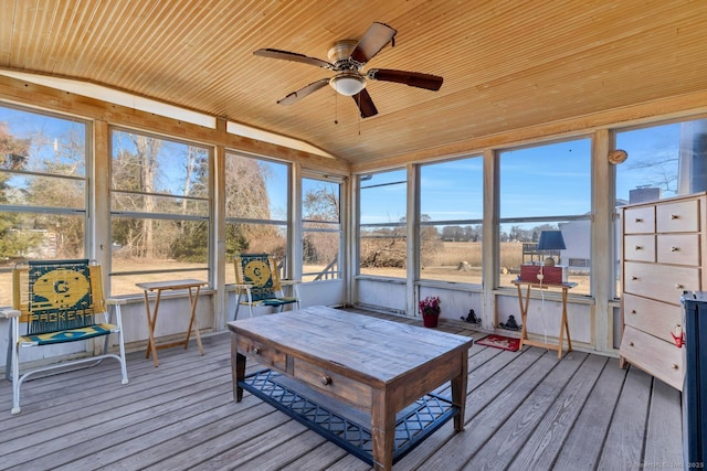 sunroom / solarium featuring lofted ceiling, wood ceiling, and ceiling fan