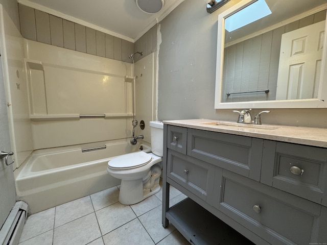 full bathroom featuring toilet, tile patterned flooring, vanity, washtub / shower combination, and a baseboard heating unit