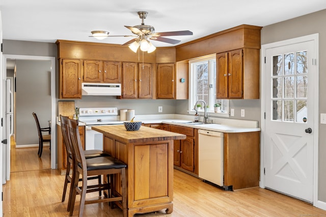 kitchen featuring under cabinet range hood, butcher block counters, light wood-style flooring, white appliances, and a sink