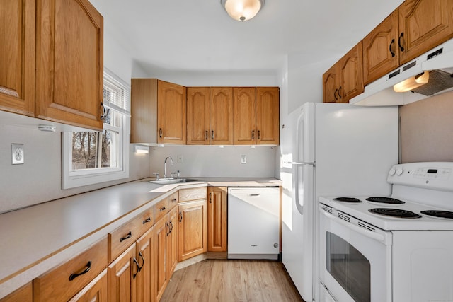 kitchen with white appliances, a sink, light countertops, light wood-style floors, and under cabinet range hood