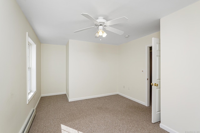 unfurnished room featuring a baseboard radiator, baseboards, a ceiling fan, and carpet flooring