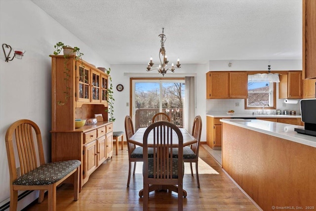 dining room featuring a chandelier, a textured ceiling, a baseboard radiator, and light wood-style floors