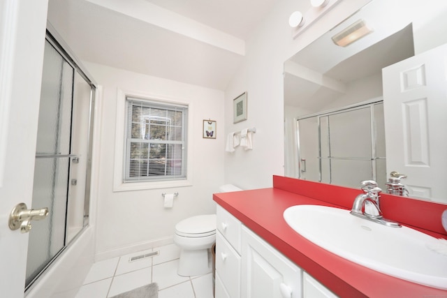 full bathroom featuring visible vents, toilet, tile patterned floors, vanity, and enclosed tub / shower combo