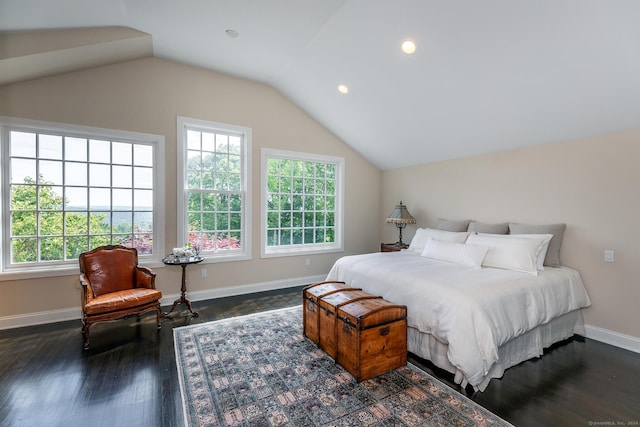 bedroom with recessed lighting, baseboards, lofted ceiling, and dark wood-style flooring