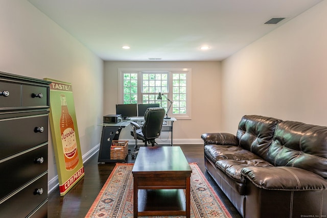 office space featuring visible vents, recessed lighting, dark wood-type flooring, and baseboards