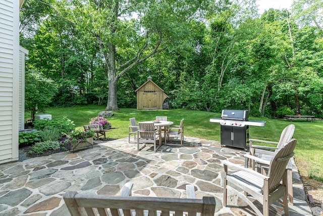 view of patio / terrace with area for grilling, an outdoor structure, outdoor dining space, and a shed