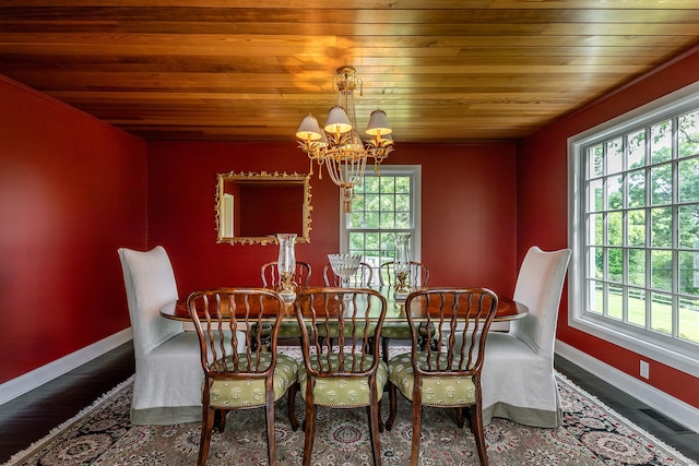 dining area featuring wood ceiling, a notable chandelier, baseboards, and visible vents