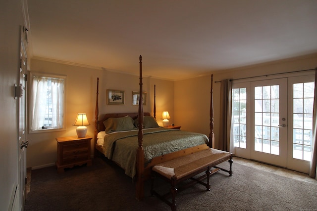 carpeted bedroom featuring baseboards, access to outside, ornamental molding, baseboard heating, and french doors