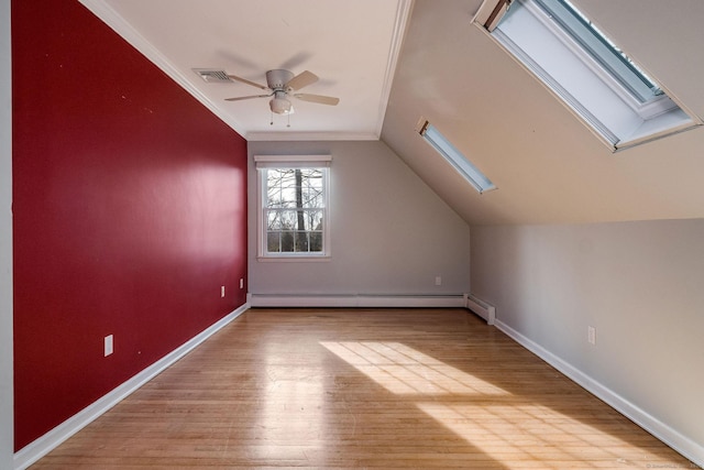 bonus room featuring visible vents, lofted ceiling with skylight, a baseboard heating unit, wood finished floors, and baseboards