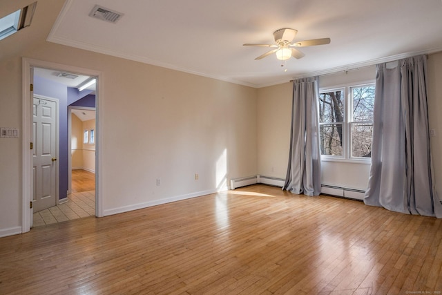 empty room with visible vents, light wood-style floors, ceiling fan, and crown molding