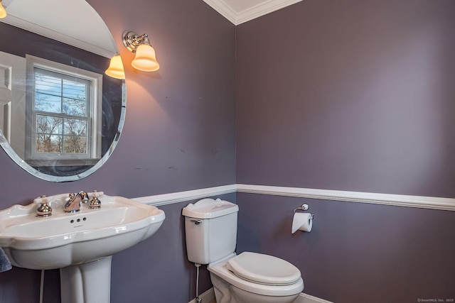 bathroom with a sink, toilet, and ornamental molding