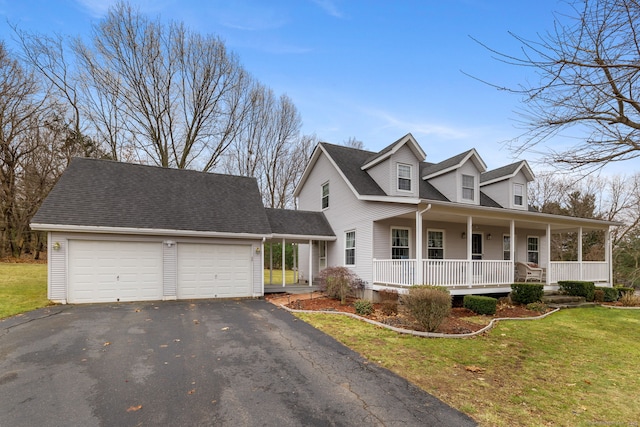 cape cod house with a front lawn, aphalt driveway, roof with shingles, covered porch, and an attached garage