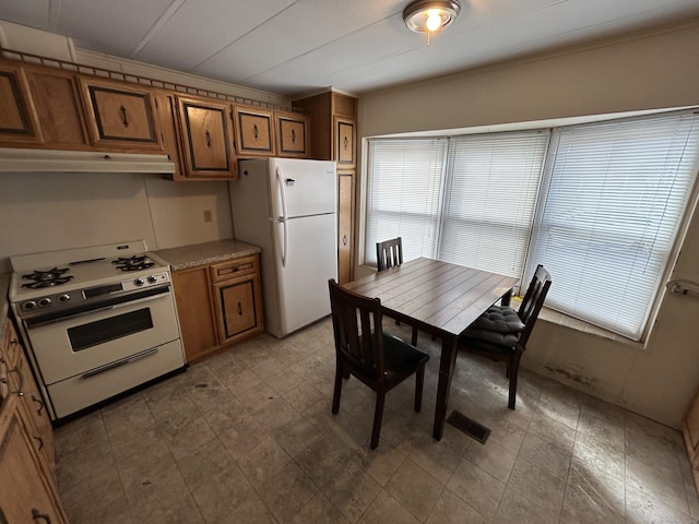 kitchen with under cabinet range hood, brown cabinets, white appliances, and a healthy amount of sunlight