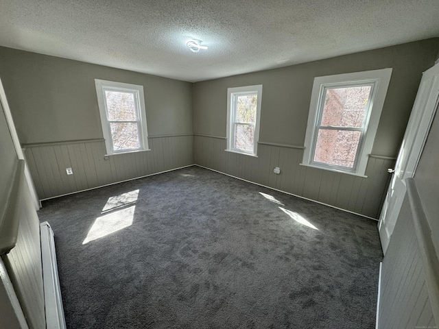 unfurnished room with a textured ceiling, a wealth of natural light, and wainscoting