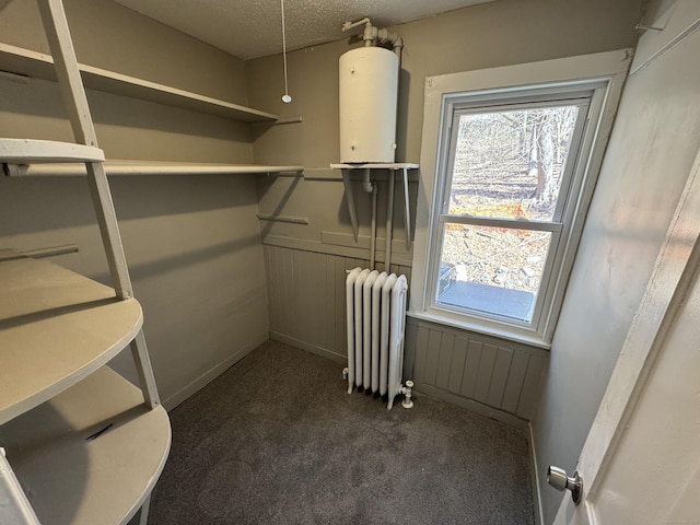 spacious closet with dark colored carpet, water heater, and radiator heating unit