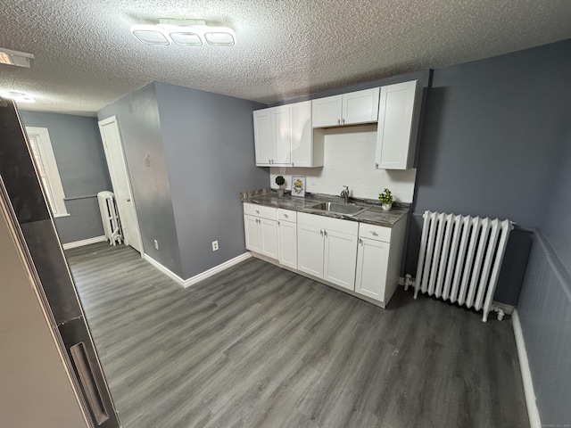 kitchen featuring white cabinets, radiator, dark countertops, dark wood-type flooring, and a sink