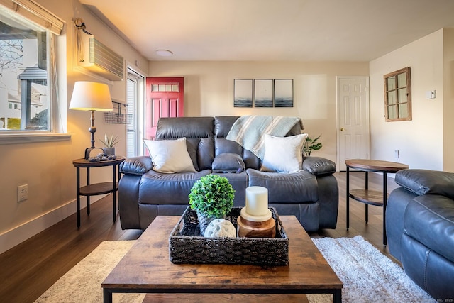 living area featuring baseboards and wood finished floors