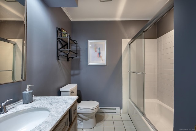 full bath featuring vanity, a baseboard heating unit, tile patterned floors, toilet, and combined bath / shower with glass door