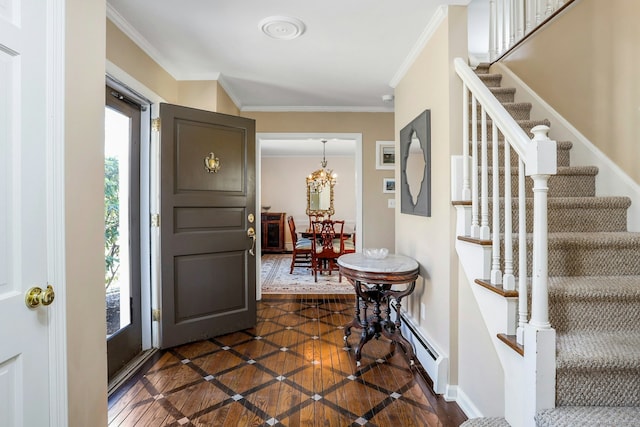 entryway with baseboards, stairs, ornamental molding, a notable chandelier, and a baseboard radiator