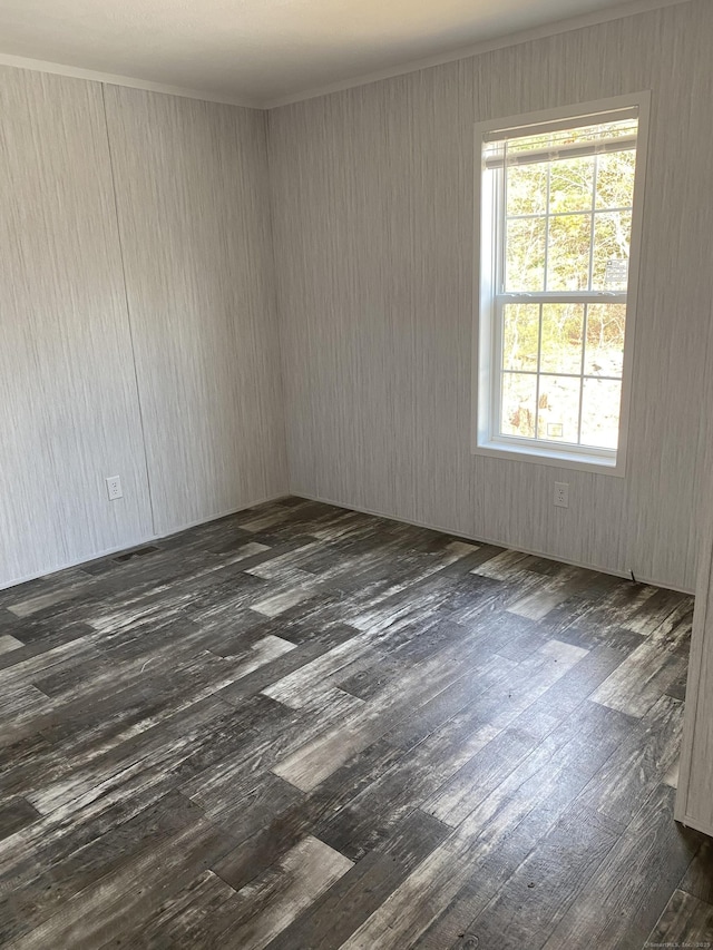 unfurnished room with crown molding and dark wood finished floors