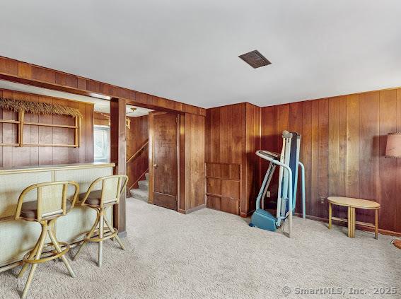 game room featuring wooden walls and carpet floors