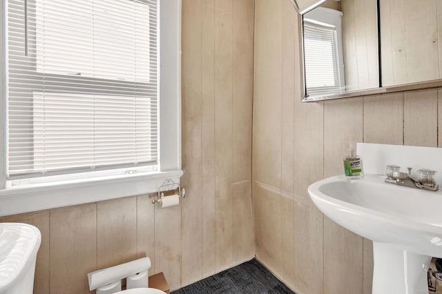 half bath featuring wooden walls, toilet, and a sink