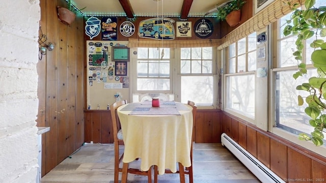 dining space with light wood-type flooring, wood walls, baseboard heating, and beam ceiling