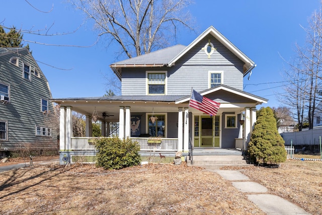 view of front of property featuring a porch and ceiling fan