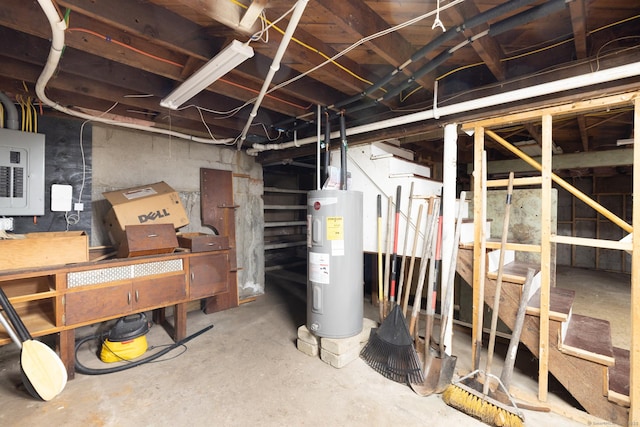 unfinished below grade area with electric panel, electric water heater, and stairs